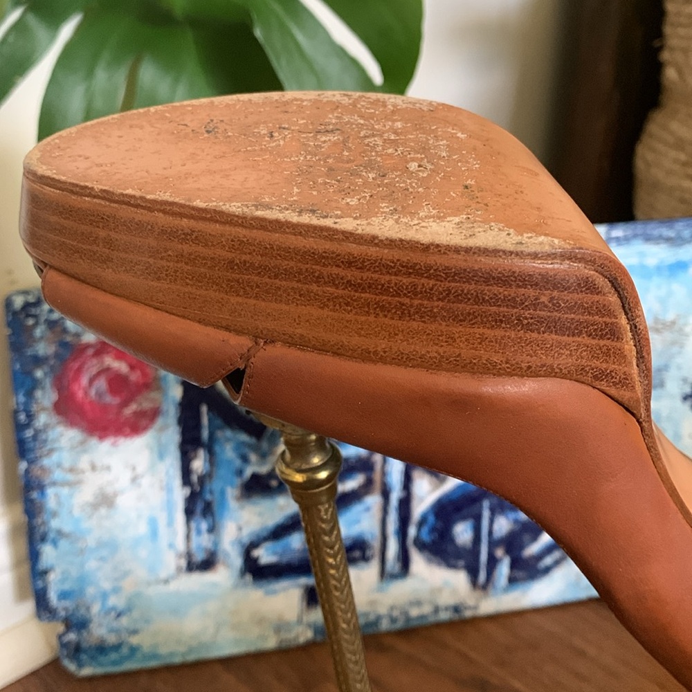 Stuart Weitzman Cognac Brown Leather Wood Stack Platform Heel Sz 8M Peep toe - Picture 11 of 14